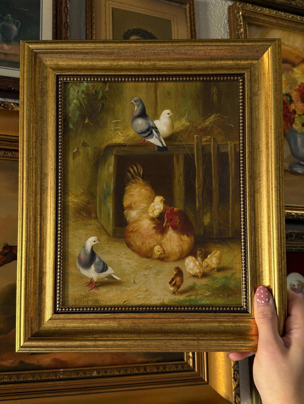 Vintage Style Chicks & Mother Hen Art Print Framed Size 8x10